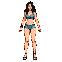 Athletic woman in teal bikini top and shorts, long dark hair, standing with arms at sides, neutral expression.