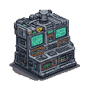 A cubic, industrial nuclear computer machine with numerous buttons, levers, and glowing green screens displaying abstract data.