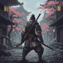 Lone samurai in defensive stance facing away from viewer, with pink cherry blossoms falling around a dark Japanese village.