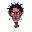 A gaunt, unsettling character with wide yellow eyes, dark unruly hair, and deeply creased skin stares forward against a black background.