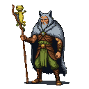 Grizzled druid with wolf-eared cowl, holding a gnarled staff topped with a vibrant yellow pixel gecko. He wears layered leather armor over green tunic and trousers.