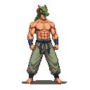 Warrior in fighting stance wearing dragon-headed cap and karate pants.