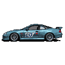 A light blue race car with a "10" decal on its side, rendered in a pixelated style against a black background.