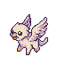 Small, fluffy creature with large expressive eyes and delicate purple-accented wings, standing with stubby legs.