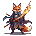 Anthropomorphic fox warrior holding a flaming katana aloft, wearing a blue and orange enchanted cloak with arcane symbols.