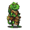 Vibrant green humanoid chameleon in earthy adventurer's gear with pouches, standing upright with expressive, forward-facing eyes.