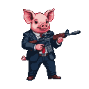 A distinguished pig in a dark blue suit and red tie holds a rifle.