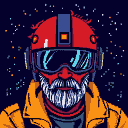 Pixel art portrait of a figure with a red helmet, large goggles, and a sharp-toothed grin, wearing an orange jacket against a dark, star-speckled background.