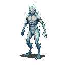 Menacing humanoid water elemental with defined musculature, glowing crimson eyes, and emanating water particles.