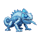 Menacing ice chameleon with spiky crest, sharp teeth, and glowing blue eyes, tongue flicking out.