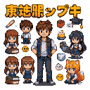 A group of pixel art students, including a taller boy in a vest and jeans, chibi girls in school uniforms, and a character with orange hair and cat ears, surrounded by books, a graduation cap, and a pencil on a black background.