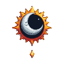 Silver crescent moon with pixelated face obscures a radiant sun with fiery orange and yellow rays and a gold core. Below, a black circle with a pulsating scarlet edge frames a void, with a single twinkling star suspended beneath.