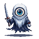 A spectral, cyclopean entity with a large blue eye, wearing tattered white and blue robes, holds a metallic sword in its left hand and has a mechanical drill for its right arm.