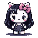 Stylized cat character in a dark ruffled dress with suspenders, raven hair, and a pink bow on her head.