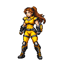 Determined female fighter in a yellow combat suit with black accents and metallic guards, wearing fingerless gloves and boots.