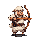 A sheep wearing leather armor and a blindfold draws a wooden bow.