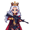 Regal figure with golden crown, crimson cape, and white fur trim, holding a modern rifle. She has long white hair and large blue eyes.