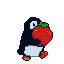 A penguin waddles with a large red strawberry in its beak.