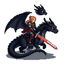 Dragon rider in dark armor with a red cape, mounted on a black dragon with glowing orange eyes. A second, smaller dragon head hovers above. The rider holds a glowing red sword.