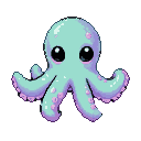 A pastel mint green and lavender octopus-like alien with large black eyes and pink suction cups on its splayed tentacles.