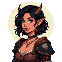 Half-demon woman with short dark wavy hair, subtle horns, and pointed ears, wearing D&D-inspired leather armor and a choker, with a pale halo.