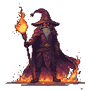Inferno wizard in dark robes, holding a flaming orb staff, surrounded by swirling flames.