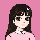 A young woman with long dark hair, brown eyes, and a gentle smile, wearing a pink sweater, white collar, a Hello Kitty charm, and a pearl earring.