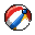 A pixelated beach ball with red, white, and blue segments, a diagonal blue band, and a sliver of yellow.