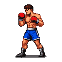 A boxer in a fighting stance, wearing blue shorts and red gloves, with a focused gaze.