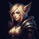 Cat-eared warrior with blonde hair and metallic blue and gold armor, determined expression, dark background with faint embers.