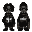 Two stylized characters with dreadlocks and sunglasses stand side-by-side. The left character wears a black hoodie and holds a white cup. The right character wears a black t-shirt and durag, with visible arm tattoos.