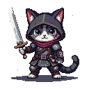 Feline warrior in dark segmented armor, hooded cloak, and red scarf, holding an oversized sword. A scar crosses its right eye.