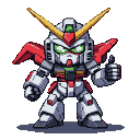 Compact, cheerful humanoid mecha mascot with angular armor and a V-shaped crest, giving a thumbs-up.