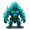Colossal earth elemental with glowing cyan flames erupting from its head and shoulders, standing stoically with outstretched arms.