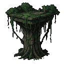 Ancient stone platform overgrown with lush vines in a dense forest.