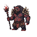 A bear druid with glowing red tribal tattoos, wearing tattered loincloth and bone pauldrons, holding a staff with a fiery orb.
