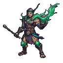 A warrior-like wind elemental with segmented earthy armor, holding a staff with a glowing emerald tip. A swirling vortex of translucent green energy emanates from its raised right arm.