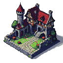 A medieval stone tower with a red-tiled conical roof and a timber-framed building with a red-tiled roof, set in a grassy courtyard with a cobblestone path and red flowers.