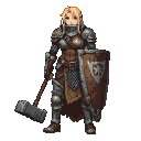 A determined female paladin in battle-worn armor, holding a massive hammer and a crested great shield.