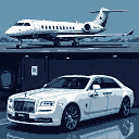 A private jet is parked on a tarmac next to a white Rolls-Royce.