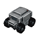 A grey, cubic robot vehicle with large, rugged wheels and a red indicator light.