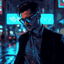 Stylish man in a dark suit and sunglasses, looking down, with a neon-lit cyberpunk city reflecting in his lenses.