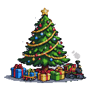 A decorated Christmas tree with gold garlands, red and blue ornaments, and a star on top, surrounded by colorful presents and a miniature steam train circling the base.