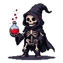 A skeletal figure in a dark, hooded robe with crimson accents holds a glass vial filled with bubbling red potion.