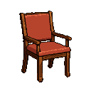 A reddish-brown upholstered armchair with a dark wooden frame, shown in isometric perspective against a black background.