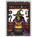 Cackling witch in a green hat and purple cloak stirs a bubbling cauldron in a dimly lit workshop with potion shelves.