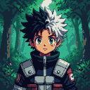 Anime-inspired character with spiky black and white hair, green eyes, wearing a dark, layered jacket with pouches, standing in a pixelated green forest.