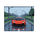 Vibrant orange Lamborghini speeds down a wet road, headlights piercing mist, reflections in puddles, streetlights and blurred trees in background.