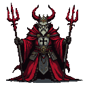 Fallen Templar Grand Master possessed by a demon, with red horns, a red robe bearing a black Templar cross, and a trident.