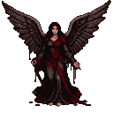 A dark angel with large, feathered wings outstretched, wearing a crimson and black gown with red accents. Her face is pale with piercing eyes.